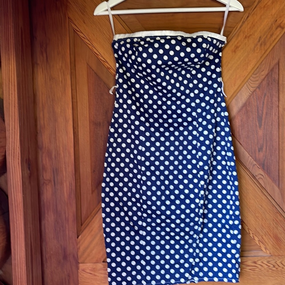 Strapless blue white polka dot dress
